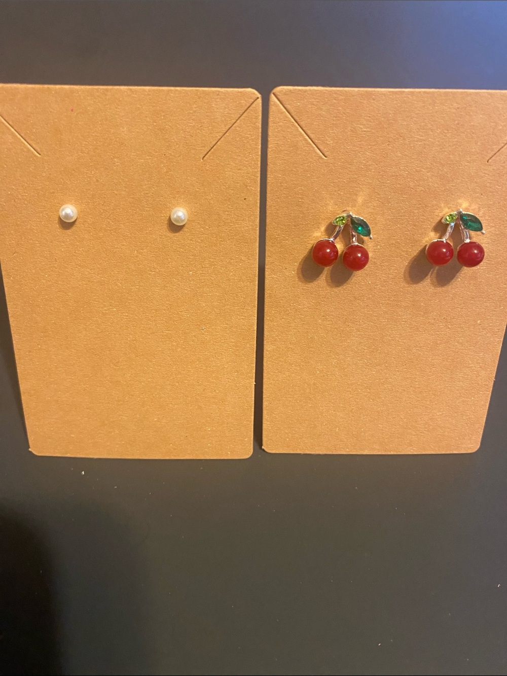 Cherry Stud Earrings - Red Cherry & Green Leaf Design